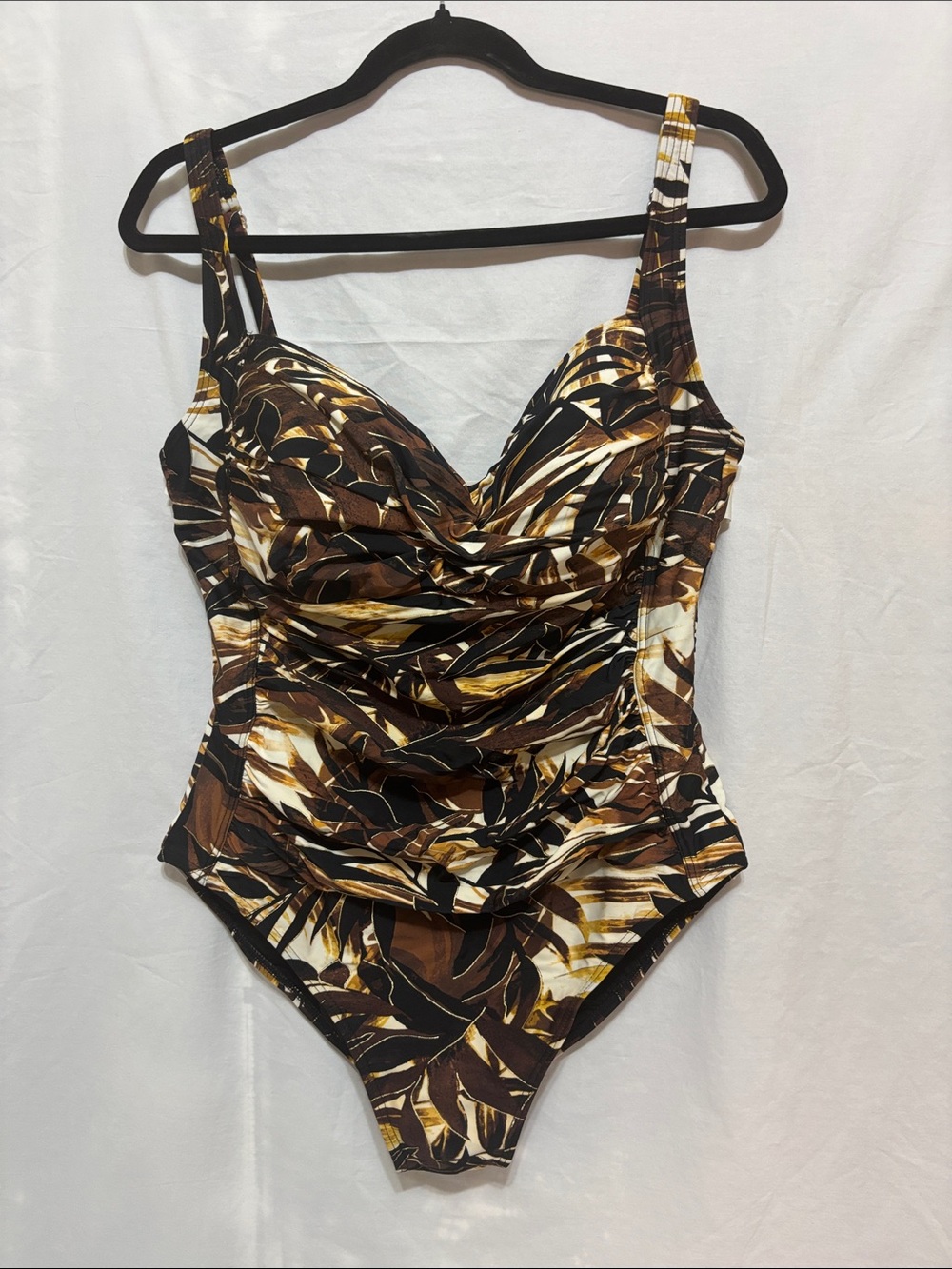 Leaf-Print Ruched One-Piece Swimsuit in Brown & Cream women’s